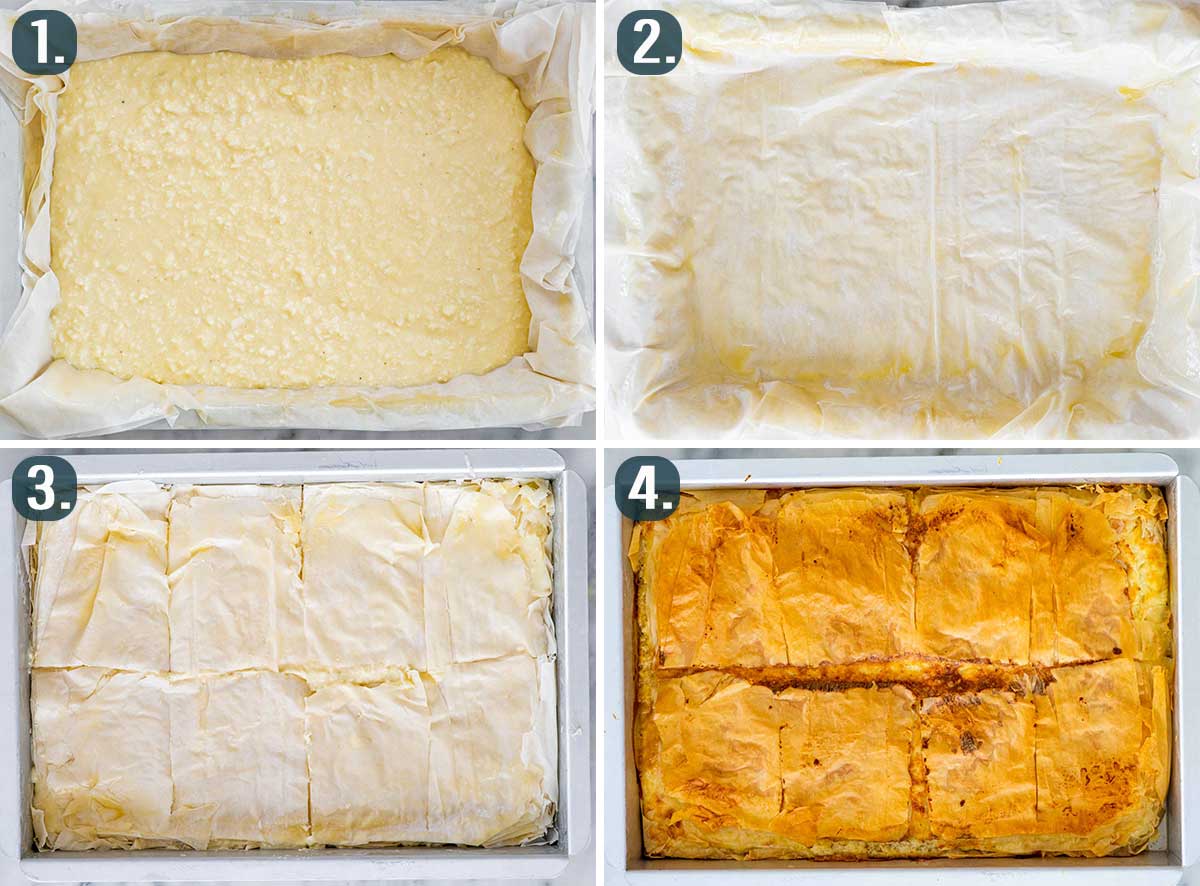 process shots showing how to assemble a tiropita with phyllo.