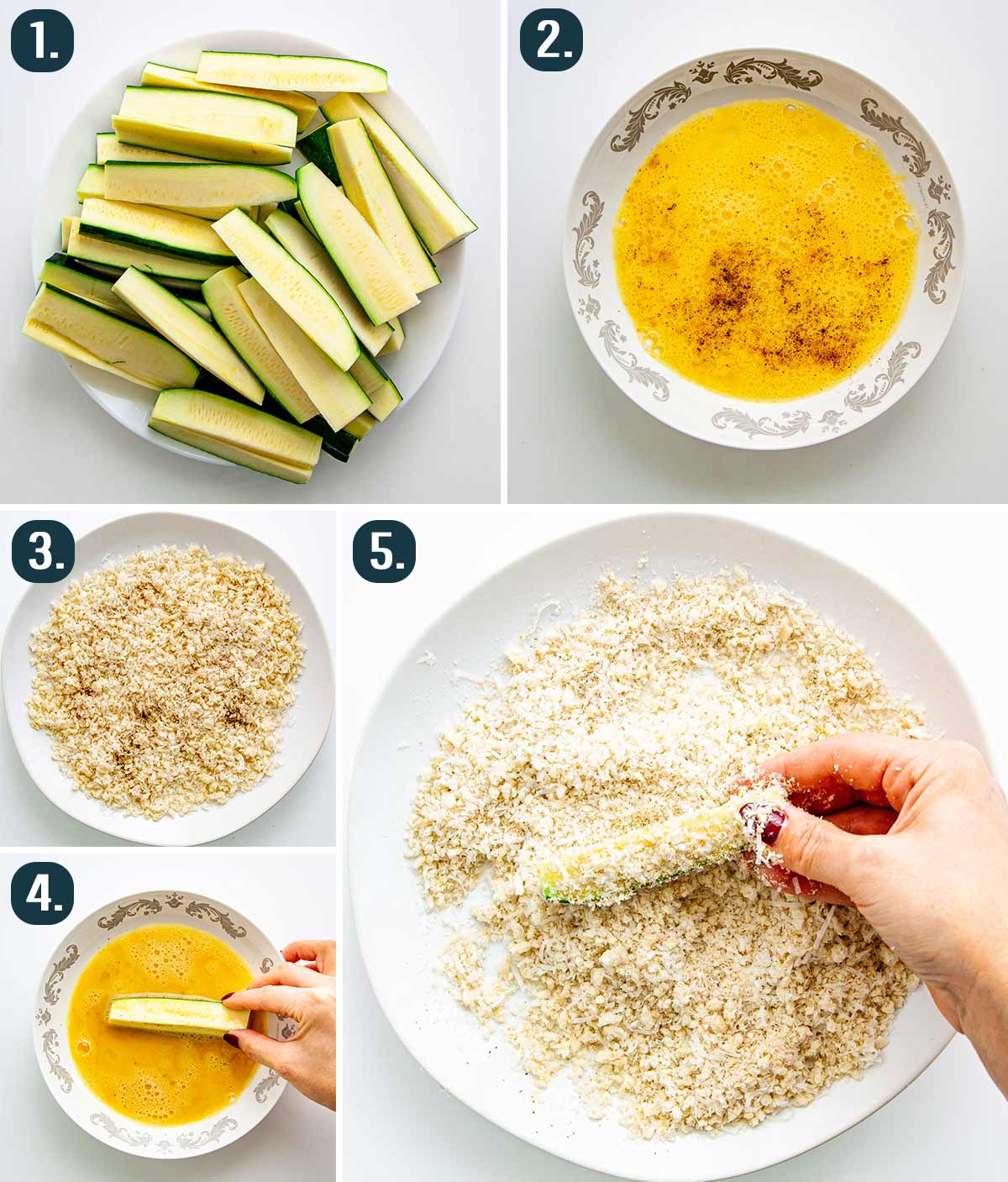 detailed process shots showing how to make breaded parmesan zucchini sticks.