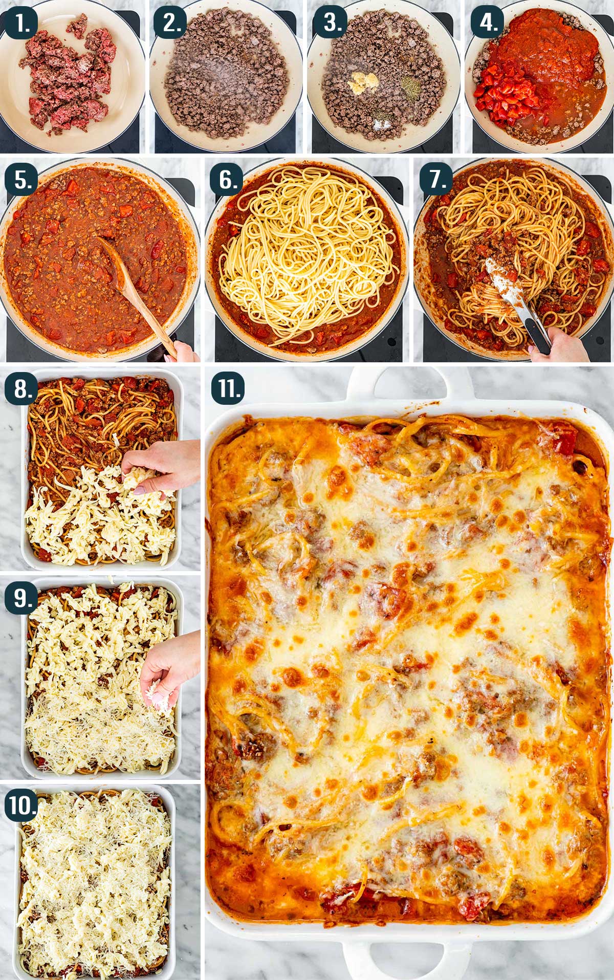 process shots showing how to make baked spaghetti casserole