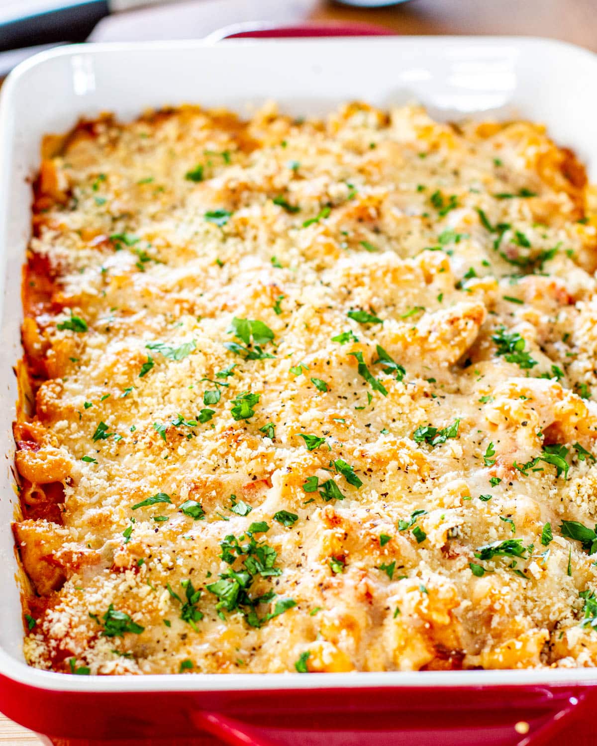 Chicken Pasta Casserole in a casserole dish fresh out of the oven