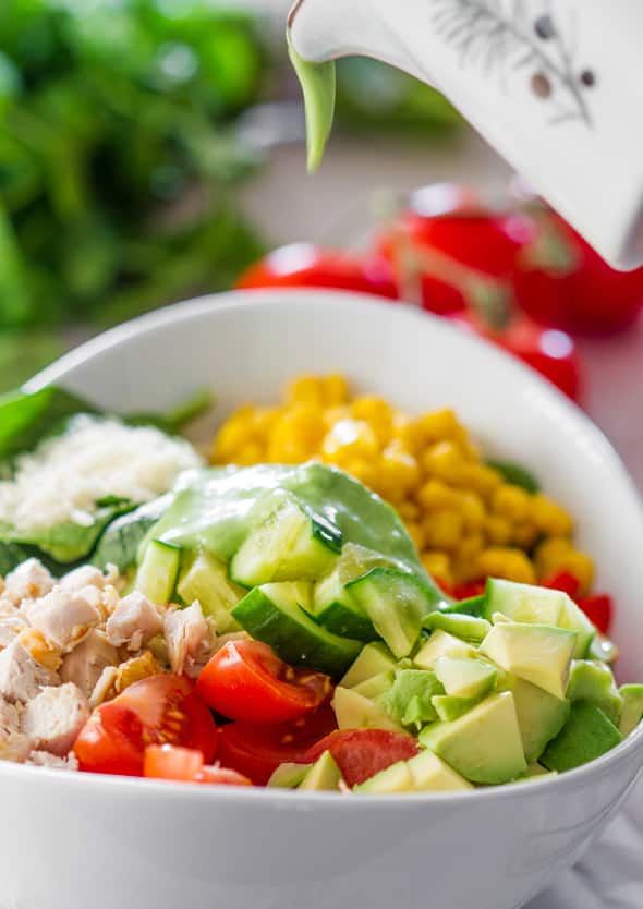Chicken Spinach Salad with Avocado Cilantro Dressing