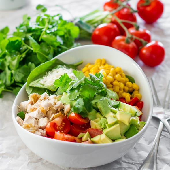 Chicken Spinach Salad with Avocado Cilantro Dressing