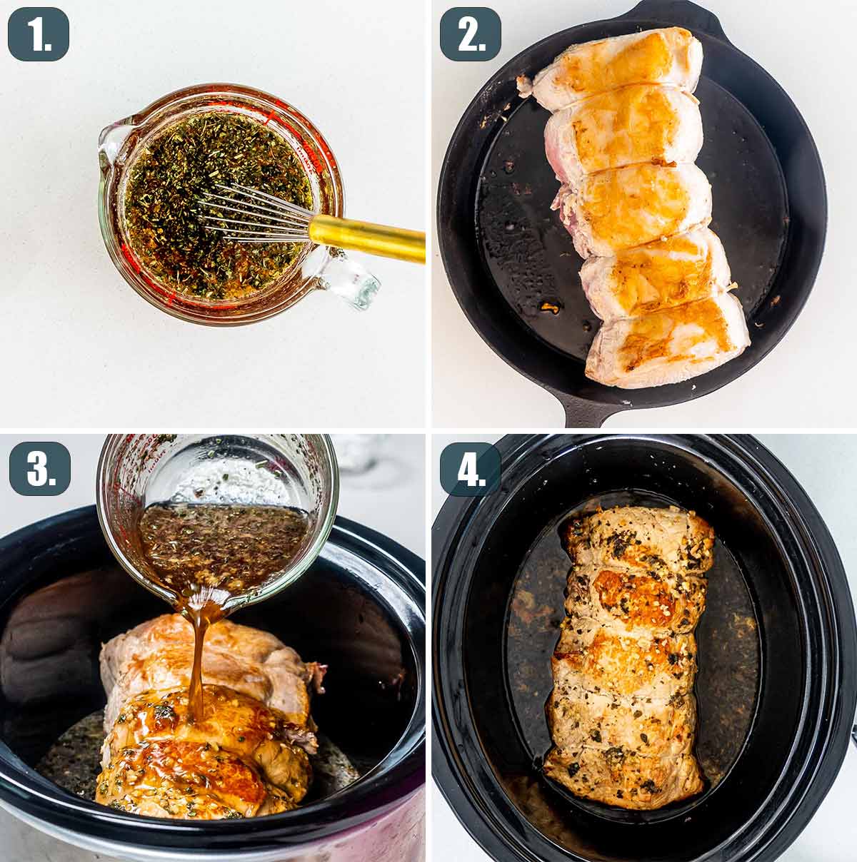 detailed process shots showing how to make pork loin roast in the crockpot.