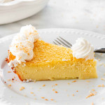 a slice of impossible pie on a white plate.