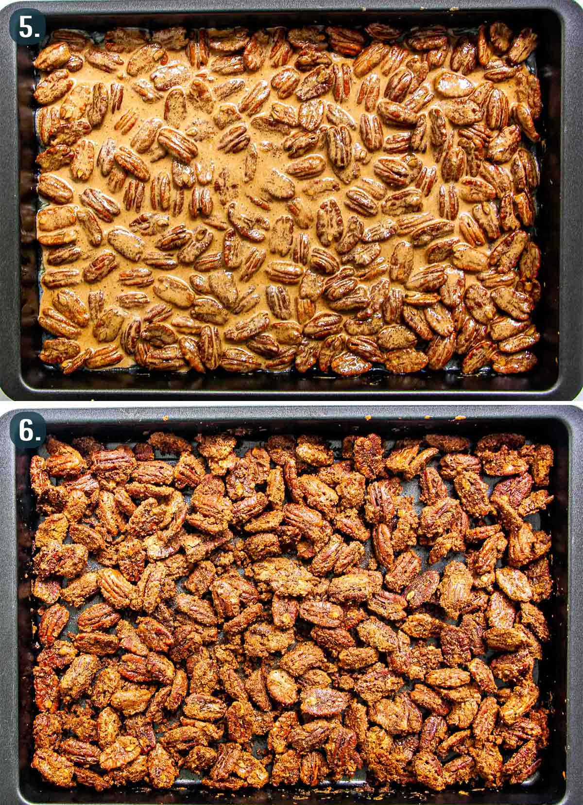 sugar pecans in a baking sheet before and after baking.