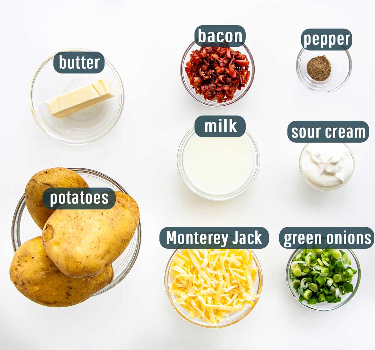 overhead shot of all the ingredients needed to make twice baked potatoes.