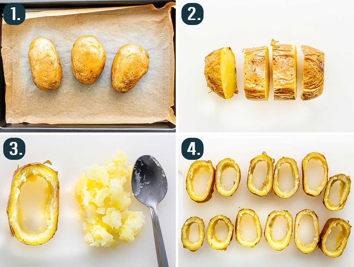 process shots showing how to prep potatoes to make twice baked potatoes.