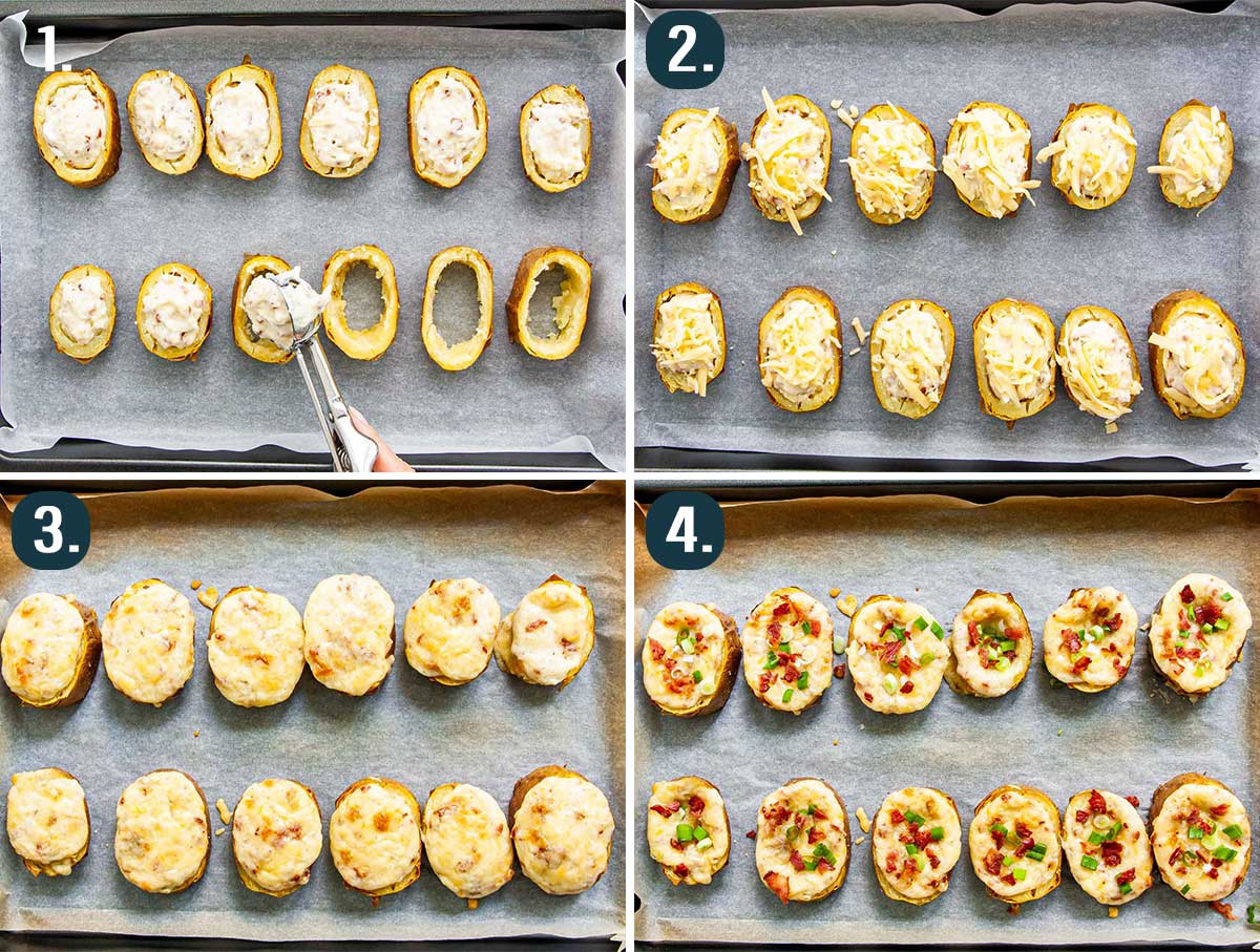process shots showing how to fill twice baked potatoes and bake them.