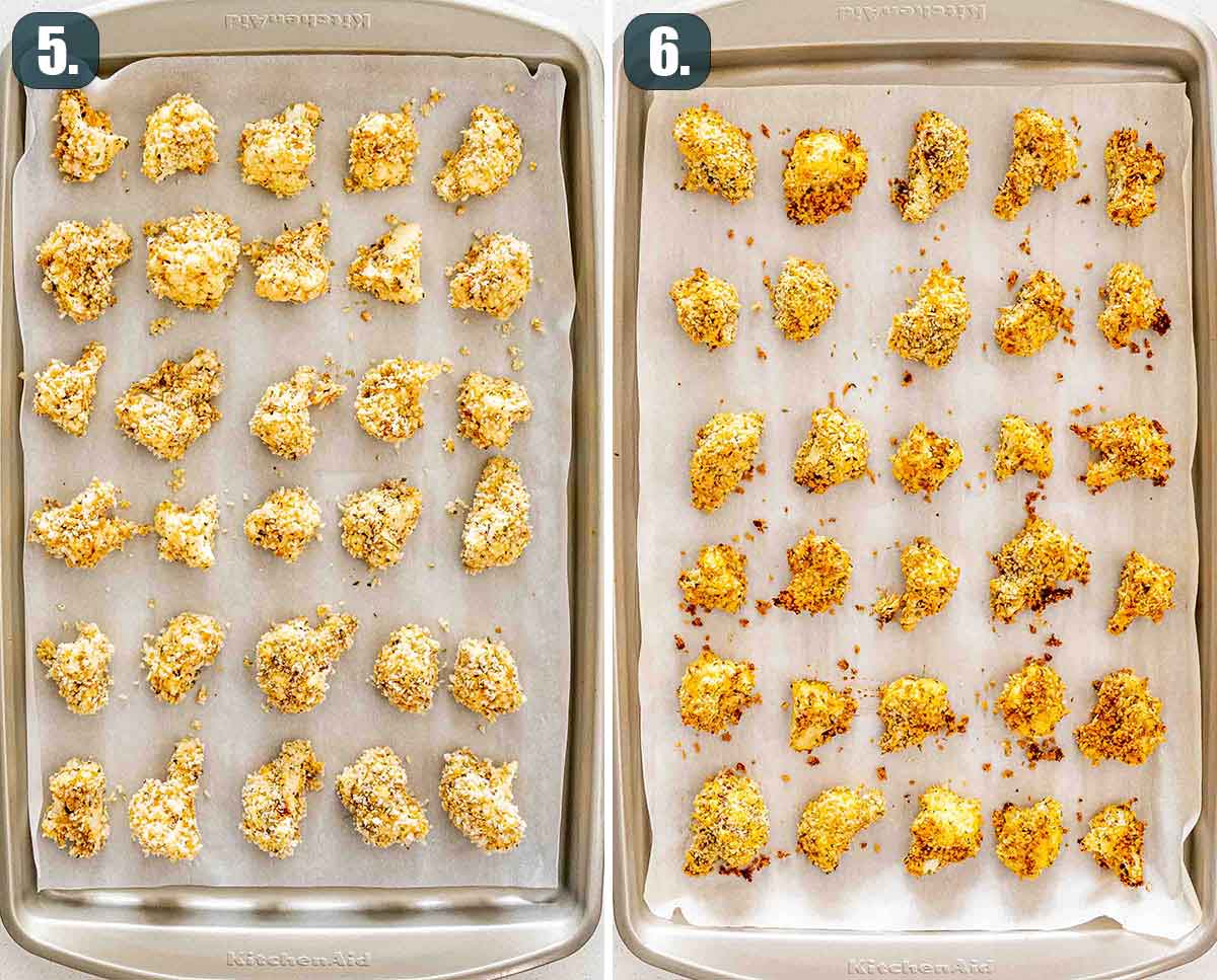before and after shots of baked breaded cauliflower on a baking sheet.