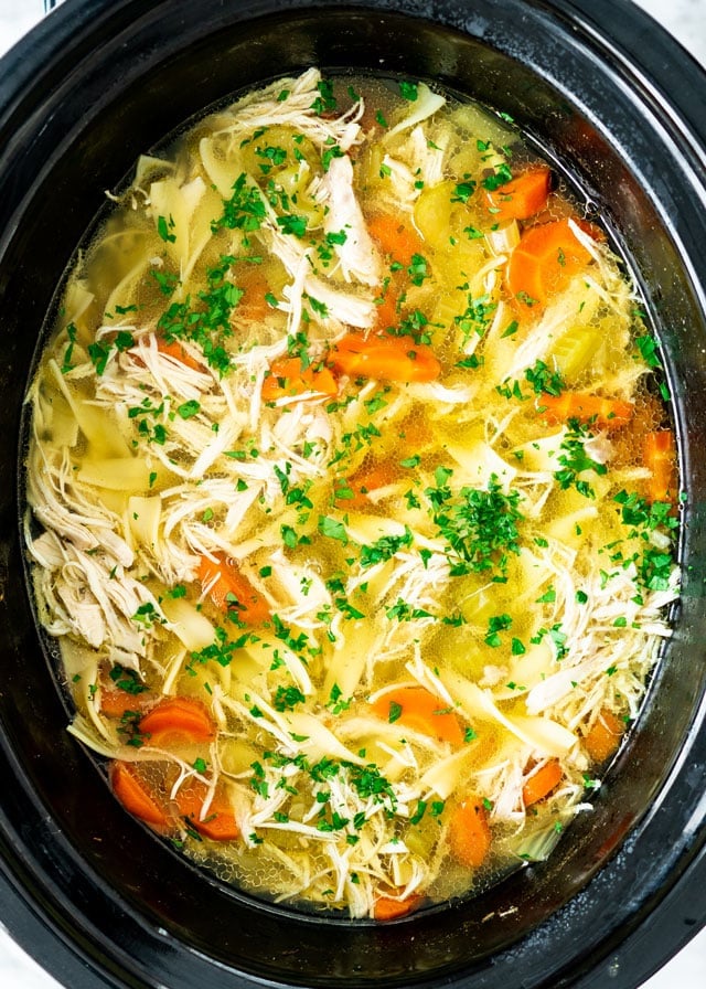 Crockpot Chicken Noodle Soup in a black crockpot