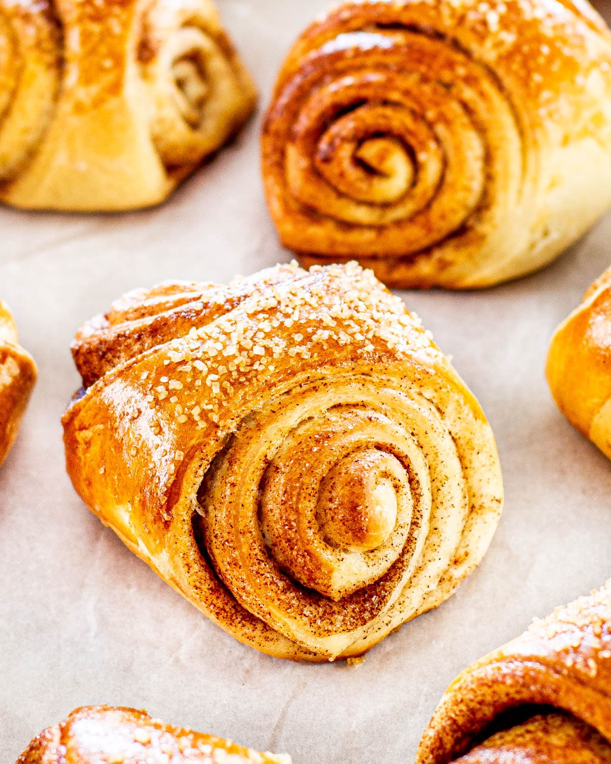 finnish cardamom rolls on a piece of parchment paper