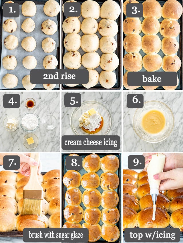 process shots for baking hot cross buns and glazing them