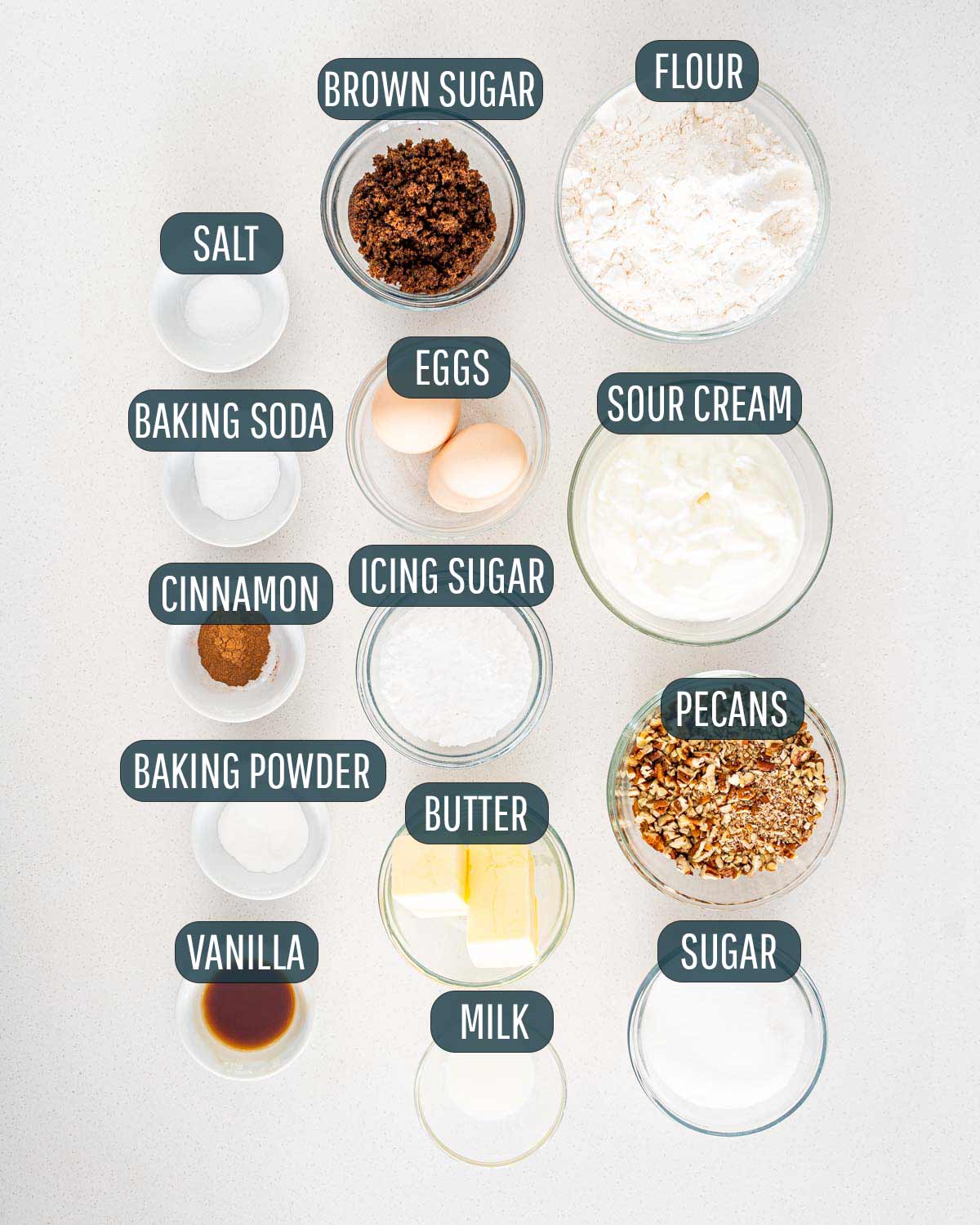overhead shot of ingredients needed to make sour cream coffee cake.