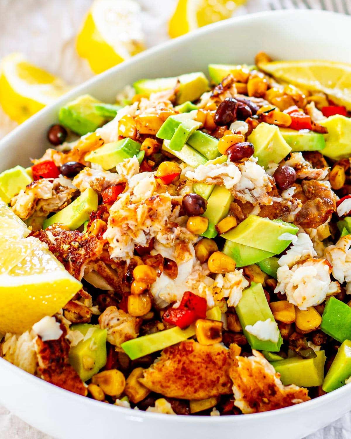 closeup of spicy fish taco bowl in a white bowl