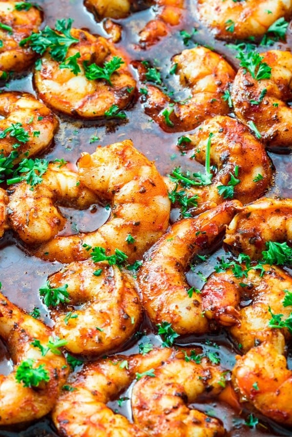 close up shot of spicy new orleans shrimp