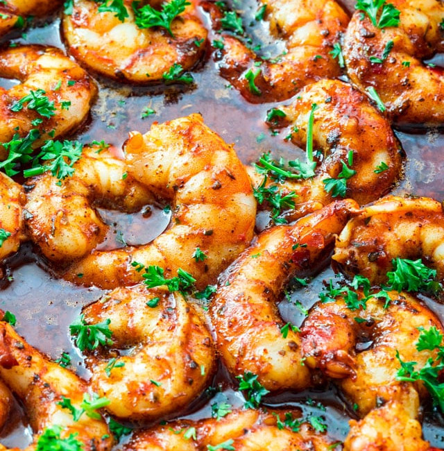 close up shot of spicy new orleans shrimp