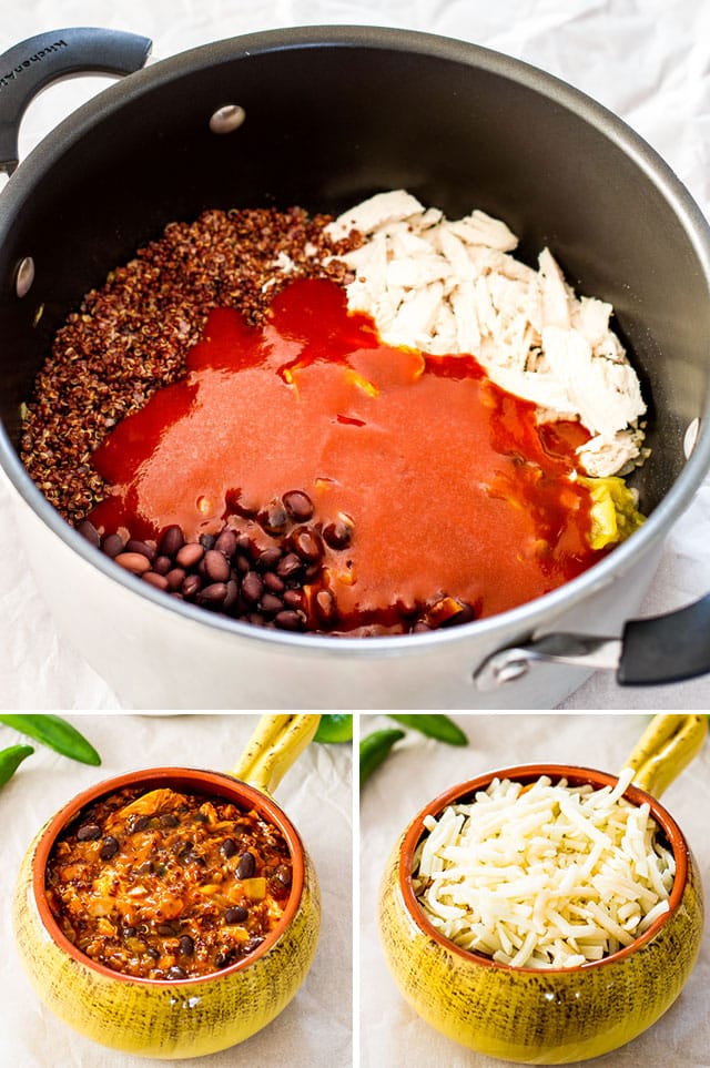 process shots showing how to make quinoa enchilada casserole