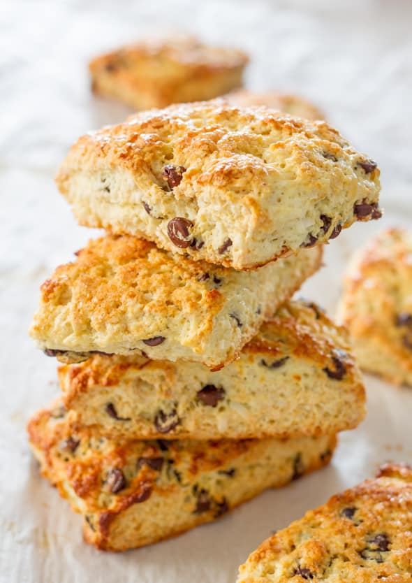 Chocolate Coconut Almond Scones stacked on top of each other