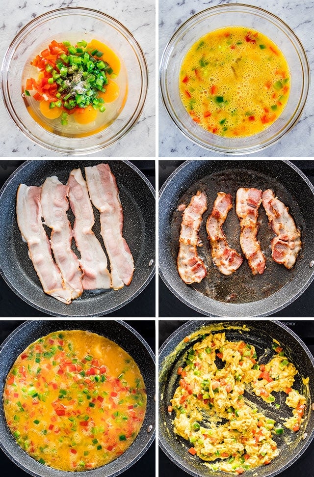 process shots of frying bacon and scrambling eggs for making Crescent Bacon Breakfast Ring