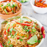 crockpot chinese pork with noodles in a bowl
