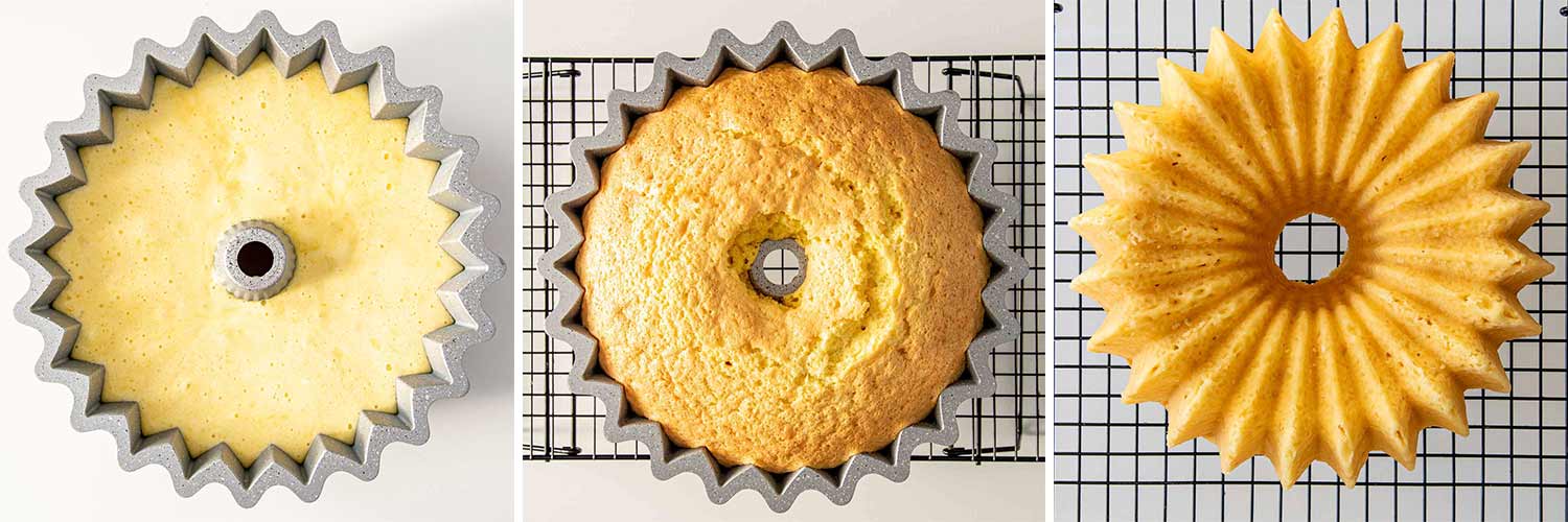 process shots showing how to make lemon chiffon cake.