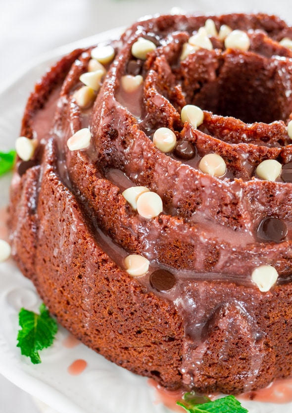 Chocolate Cinnamon Cake sprinkled with white and milk chocolate chips