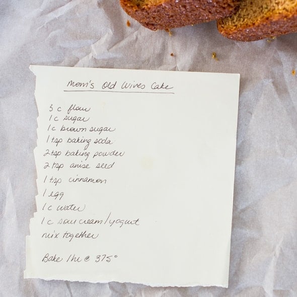 hand written Old Wives Cake recipe 