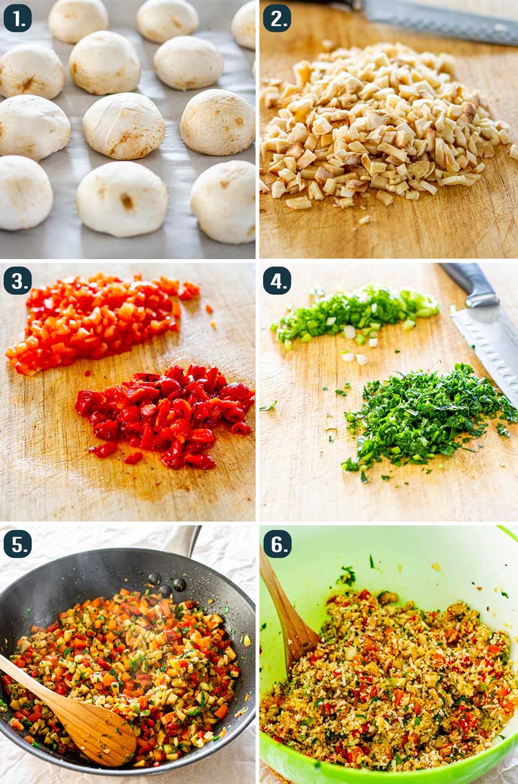 process shots showing how to make filling for stuffed mushrooms