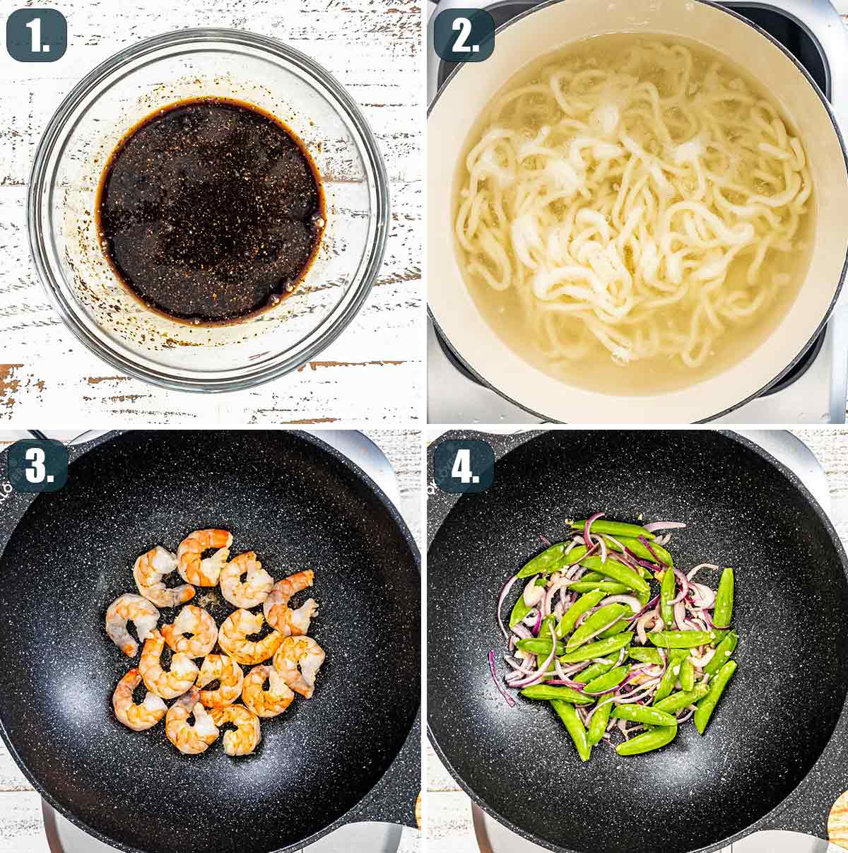 detailed process shots showing how to prep ingredients for black pepper udon noodles with shrimp.