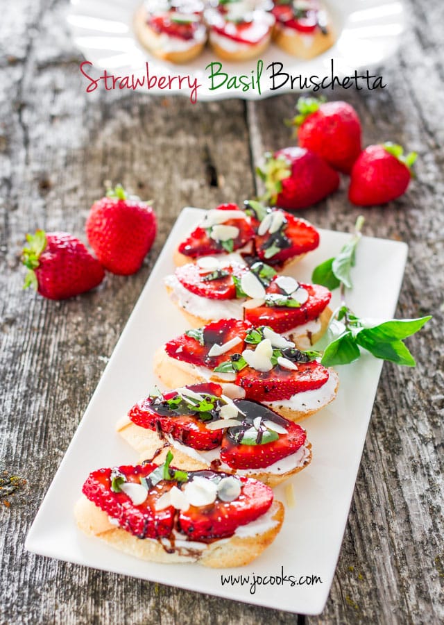 Strawberry Basil Bruschetta lined on a plate