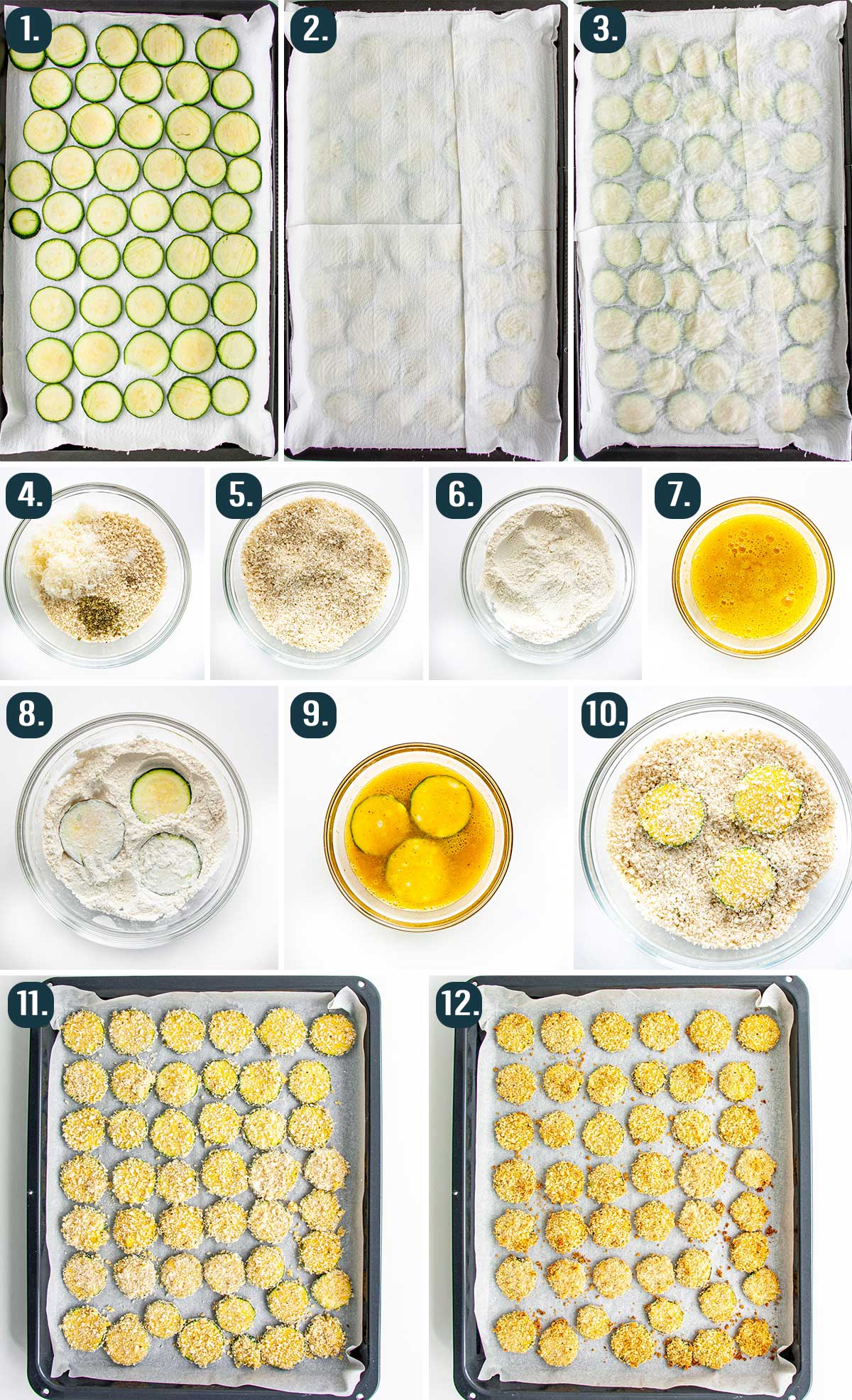 detailed process shots showing how to prep zucchini to make baked parmesan zucchini crisps