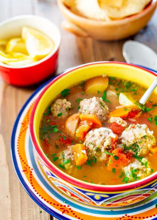 albondigas soup in a colorful bowl