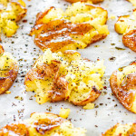 close up shot of rosemary smashed potatoes