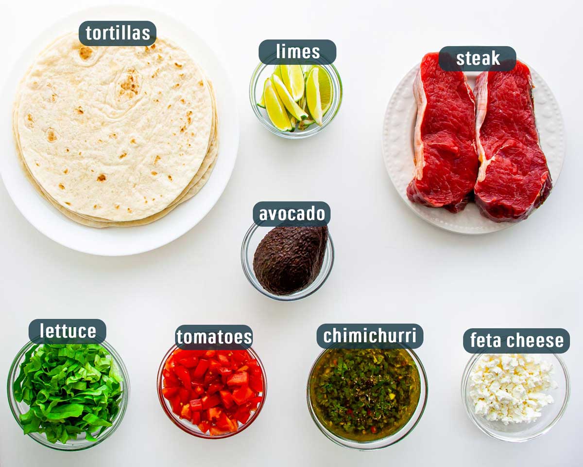 overhead shot of all ingredients needed to make steak tacos