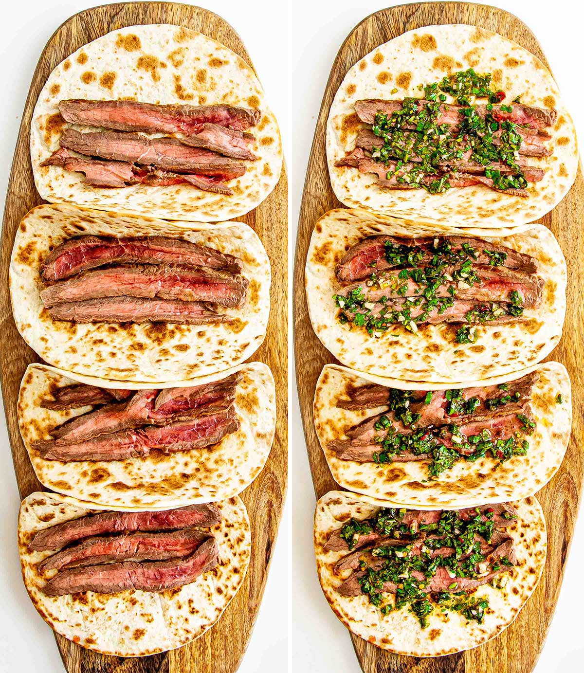 2 photos of steak tacos on a cutting board side by side one with chimichurri on them
