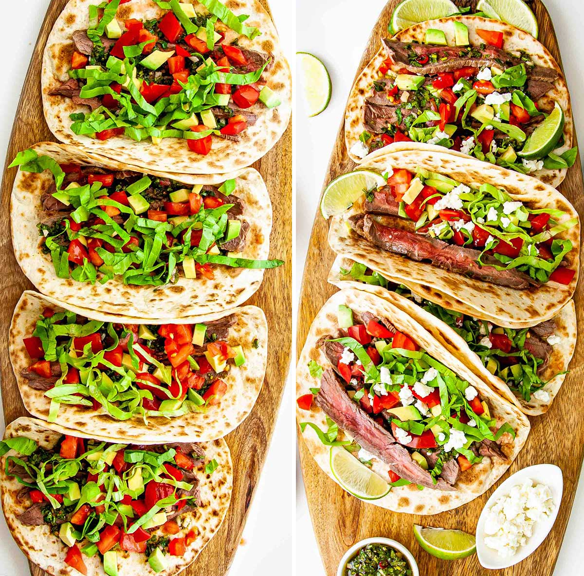 2 photos of steak tacos on a cutting board side by side one with chimichurri on them and the other fully garnished