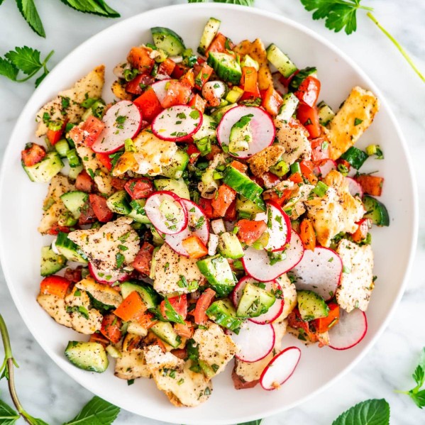 overhead shot of fattoush salad in a large serving bowl