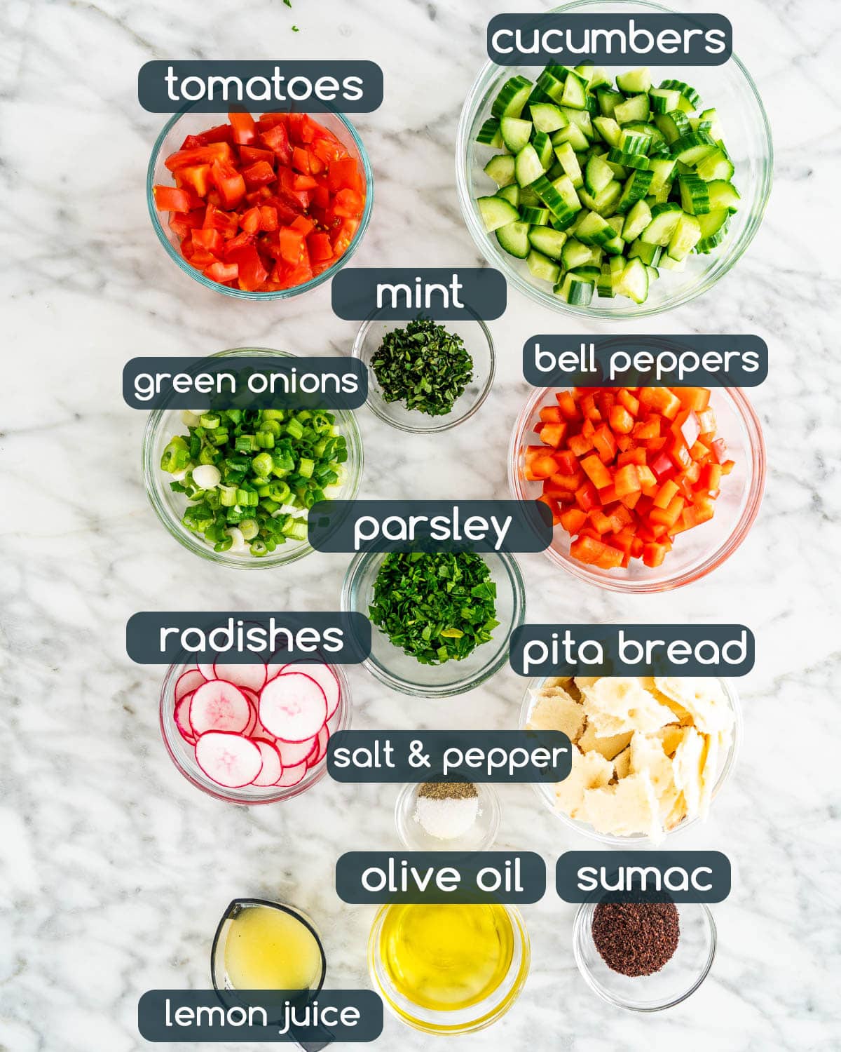 overhead shot of all ingredients needed for fattoush salad