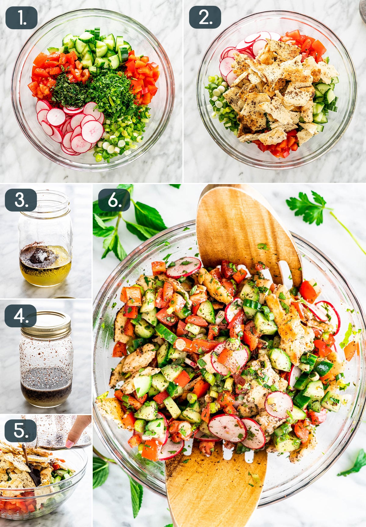 process shots showing how to make fattoush salad