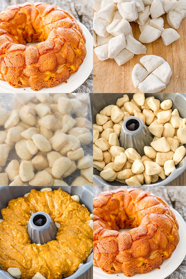 Process shot collage of how to make Pumpkin Cheesecake Monkey Bread 