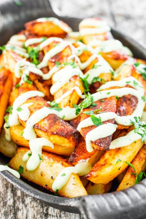 roasted potatoes topped with garlic aioli