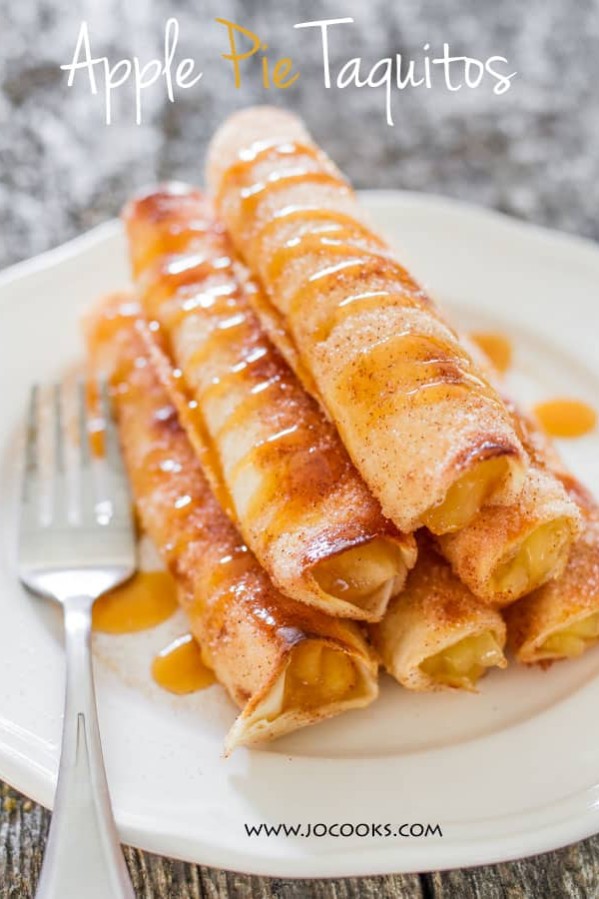 a plate with a stack of apple pie taquitos on a plate