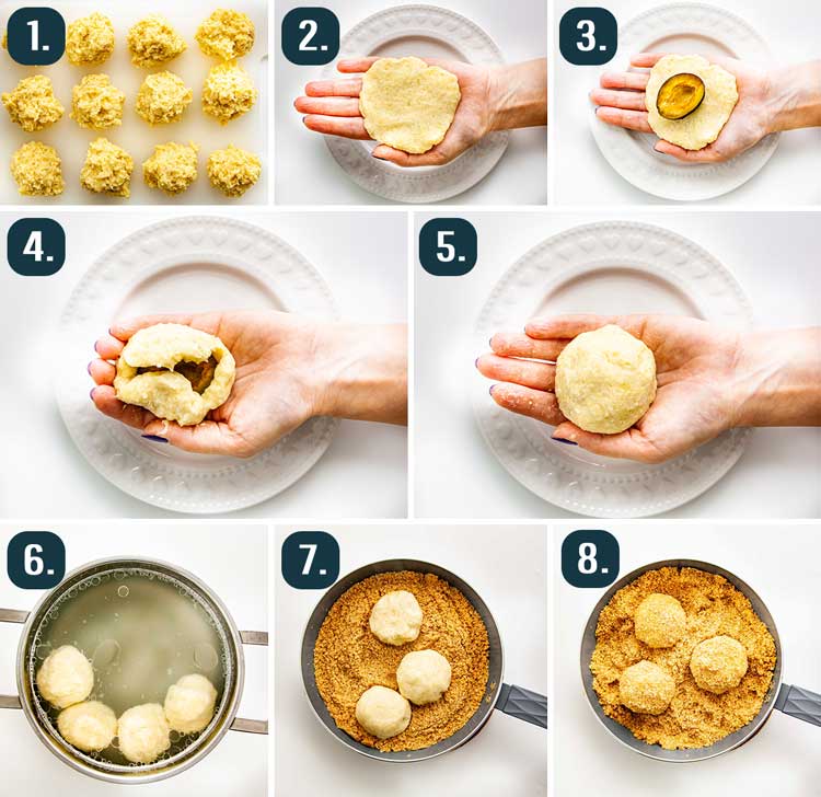 detailed process shots showing how to form and make plum dumplings