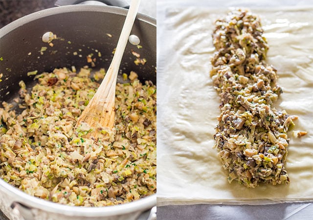 mushroom and leek filling for a strudel in a skillet and on phyllo dough