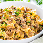 side view shot of beef stroganoff in a bowl