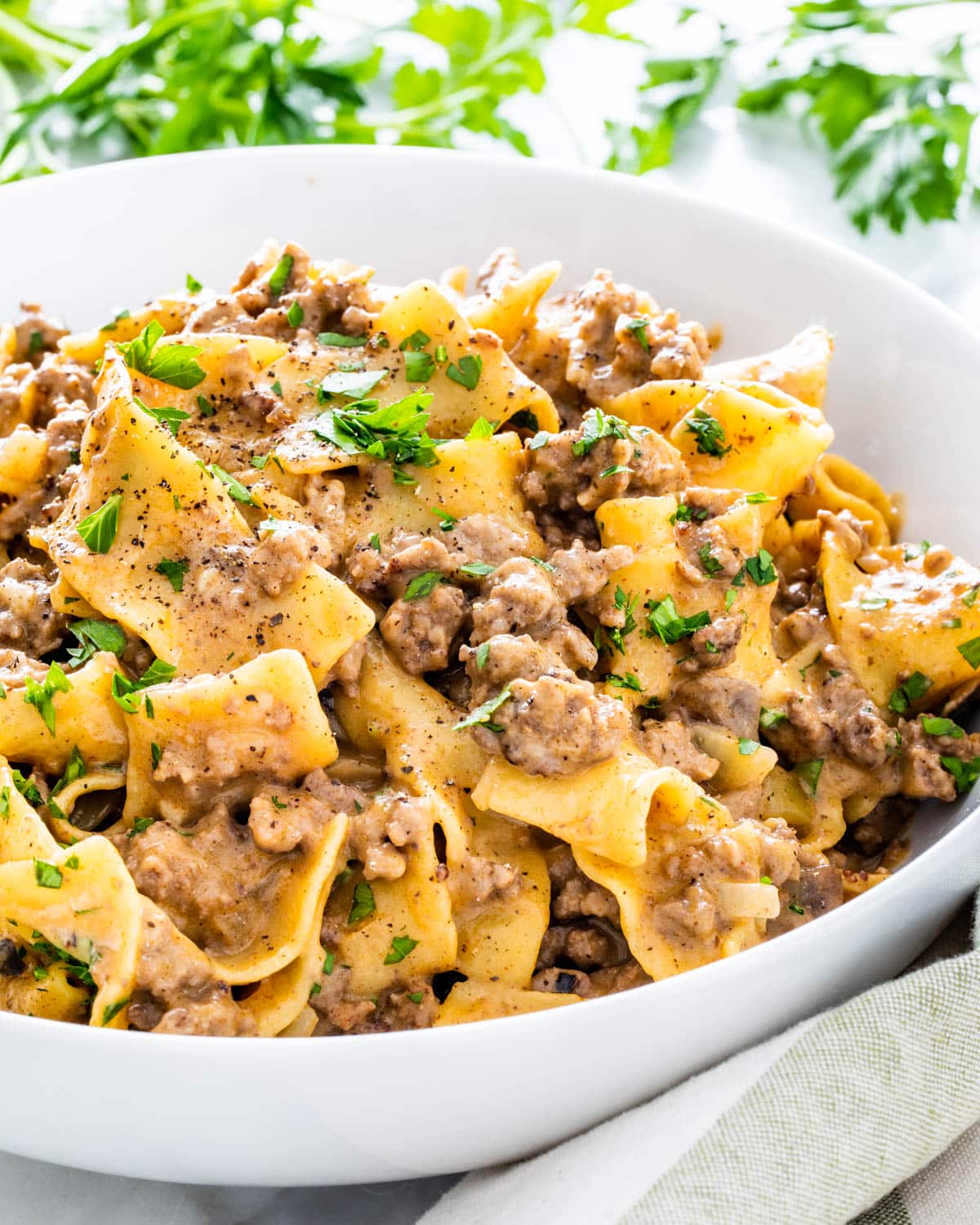 One Pot Beef Stroganoff in a white bowl garnished with parsley