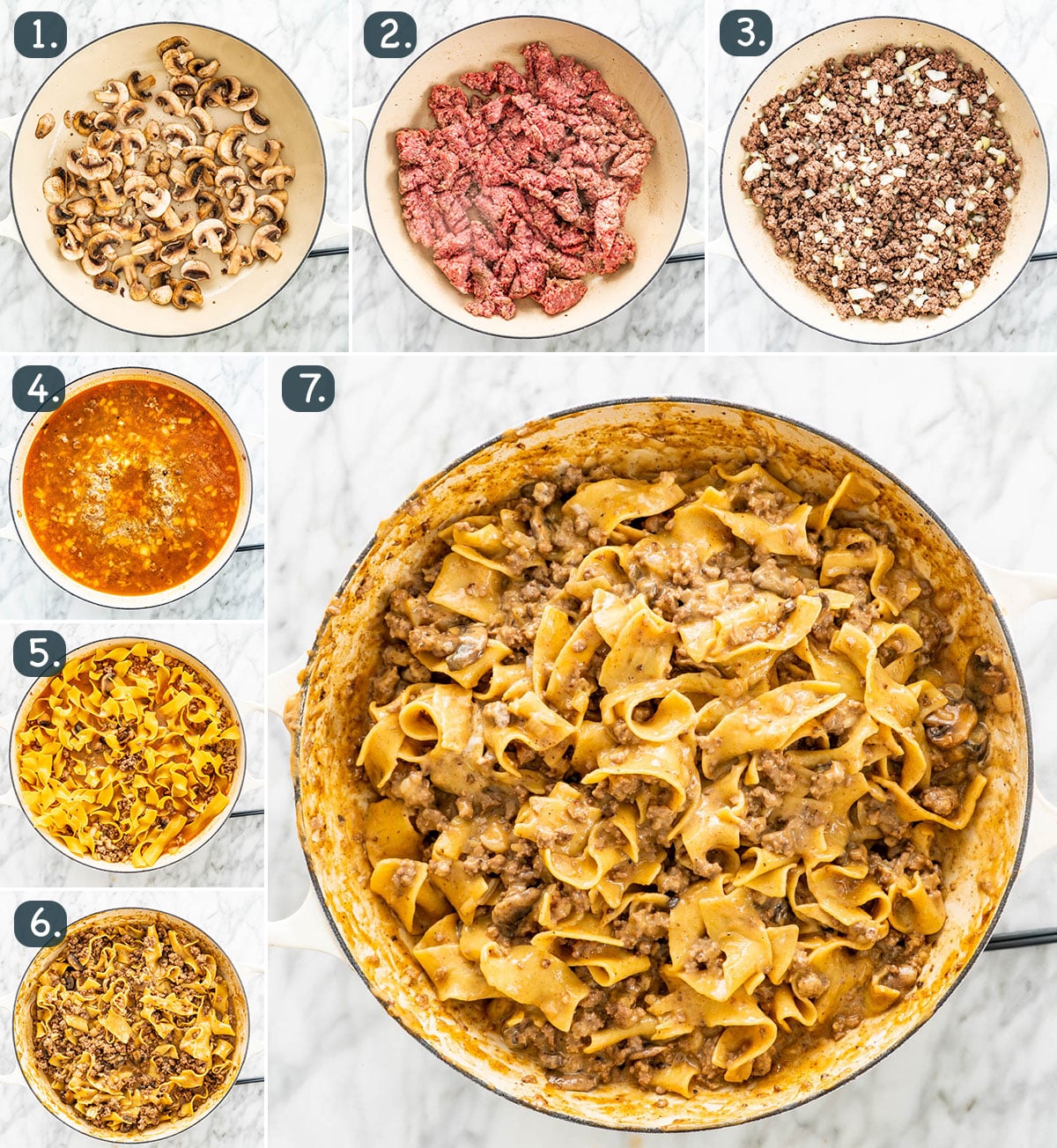 process shots showing how to make One Pot Beef Stroganoff