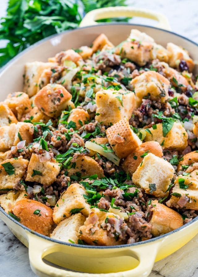 Sage Sausage Stuffing in a casserole dish ready for baking