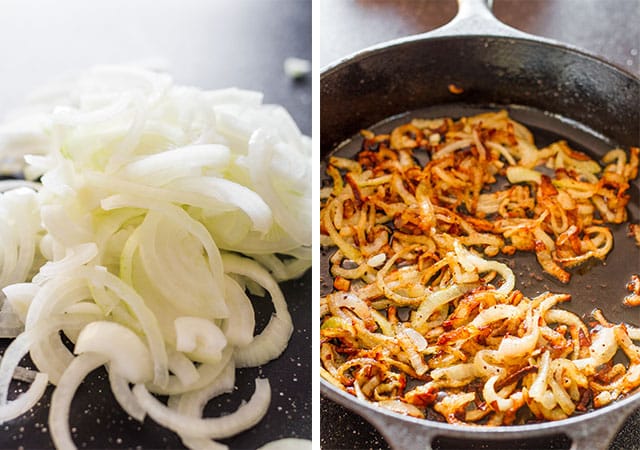 Side by side of raw and cooked onions