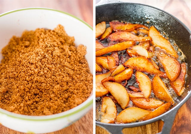 two pictures side by side one with cinnamon sugar and one with caramelized pears